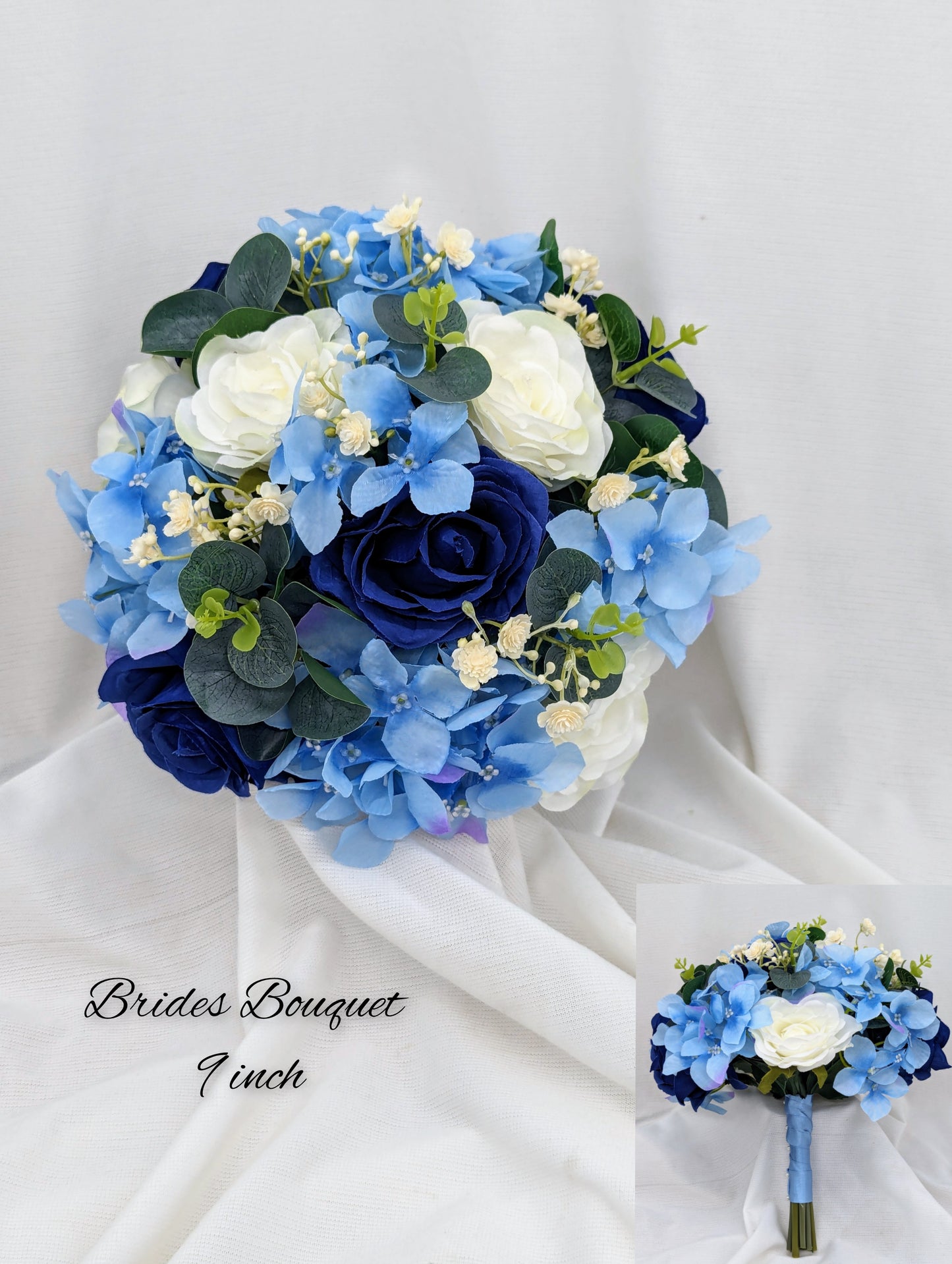 Blue and Ivory rose bouquet with hydrangea, gypsophila and eucalyptus. Brides bouquet