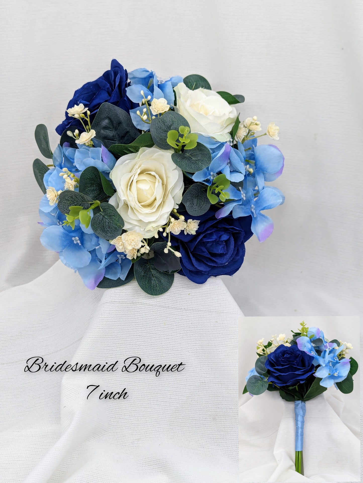 Blue and Ivory rose bouquet with hydrangea, gypsophila and eucalyptus. Bridesmaid bouquet