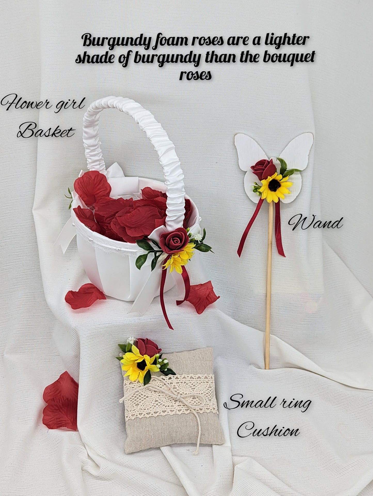 Sunflower, burgundy rose, gyp,berry and tealeaf flower basket, wand, ring cushion