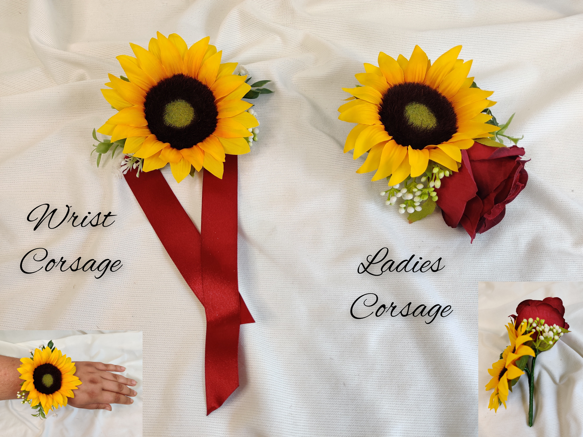 Sunflower, burgundy rose, gyp,berry and tealeaf wrist Corsage and ladies pin corsage 
