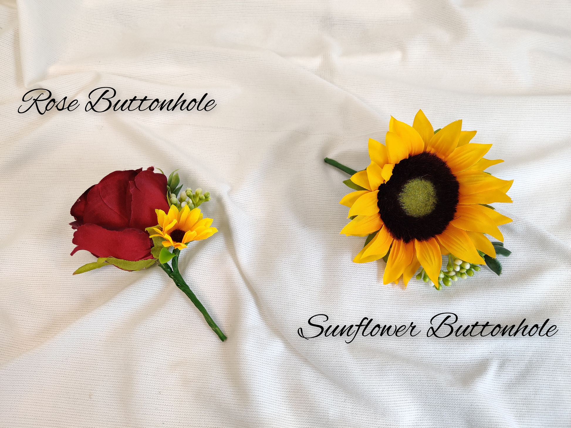 Sunflower, burgundy rose, gyp,berry and tealeaf buttonholes 