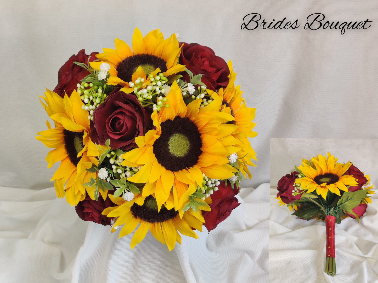 Sunflower, burgundy rose, gyp,berry and tealeaf brides bouquet 
