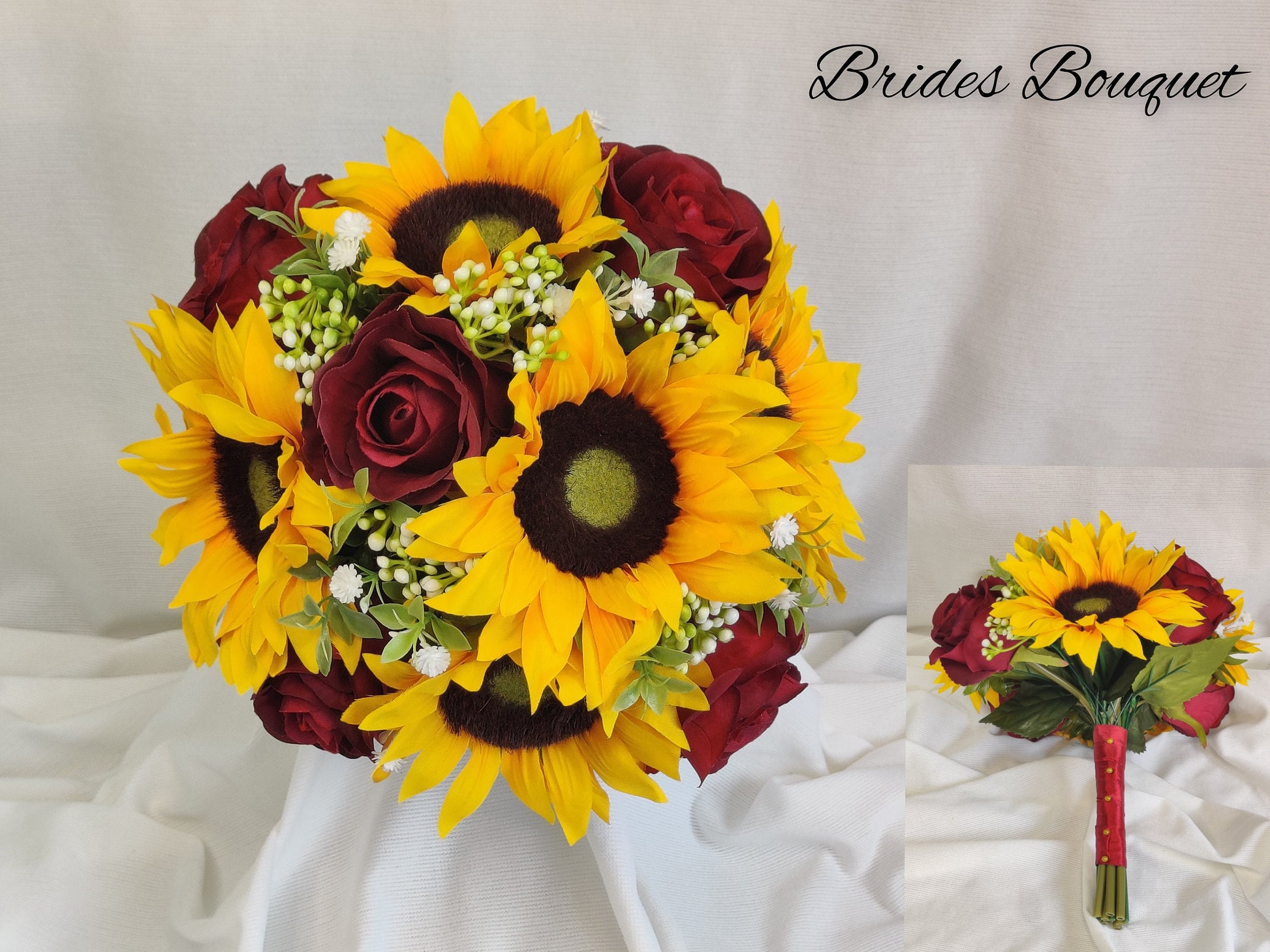 Sunflower, burgundy rose, gyp,berry and tealeaf brides bouquet 