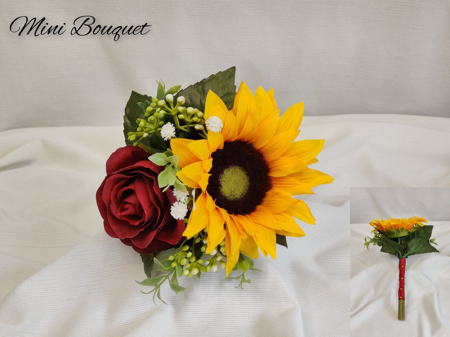 Sunflower, burgundy rose, gyp,berry and tealeaf mini bouquet 