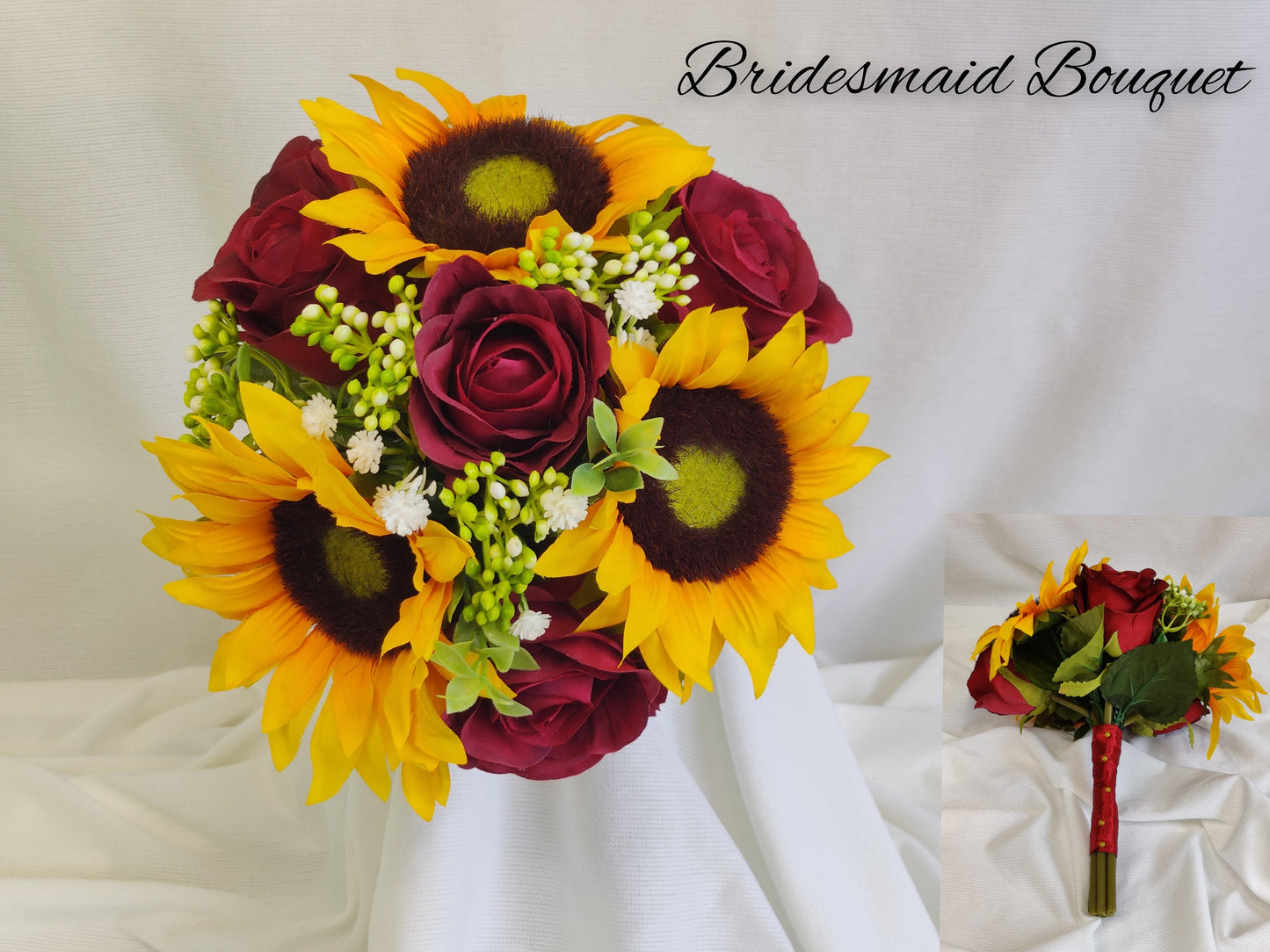 Sunflower, burgundy rose, gyp,berry and tealeaf bridesmaid bouquet 