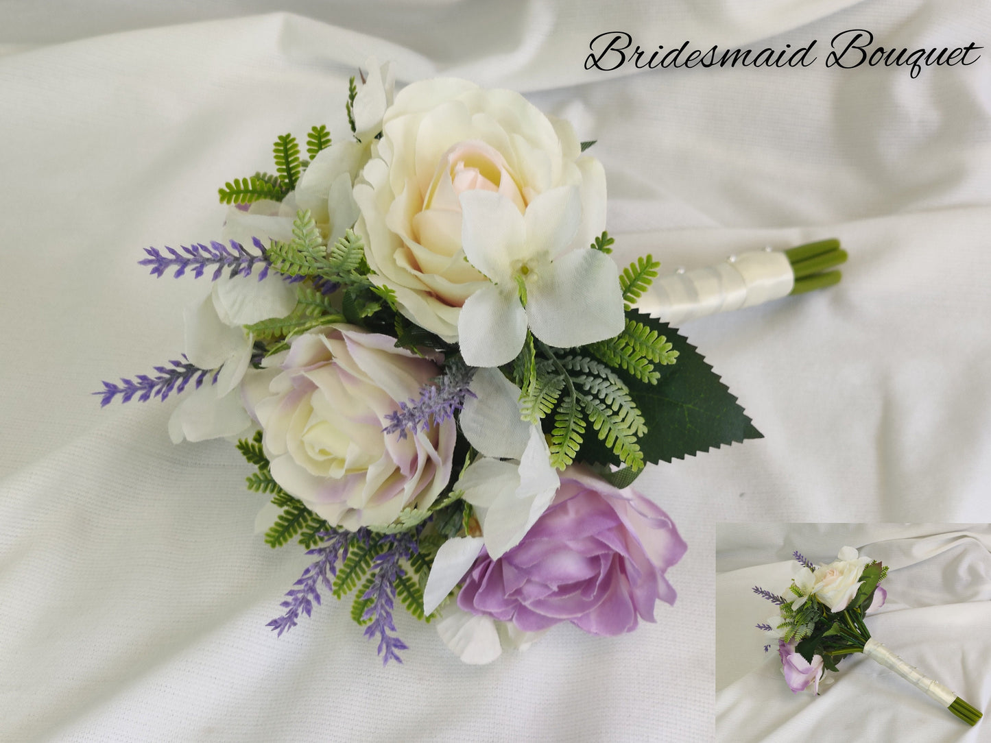 Pastel pink and purple rose bridesmaid bouquet 