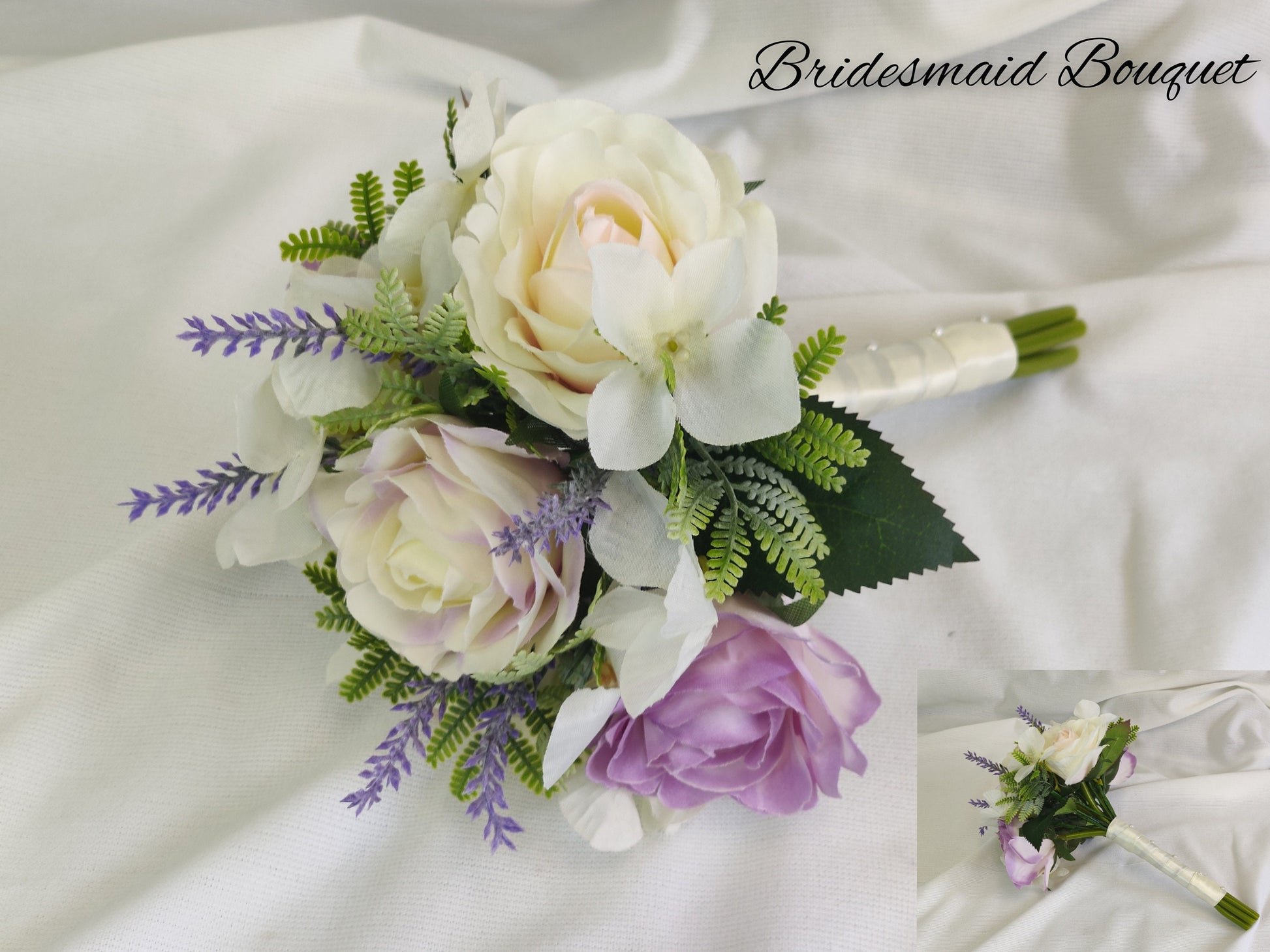 Pastel pink and purple rose bridesmaid bouquet 