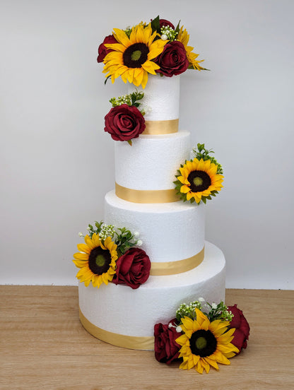 Burgundy rose and sunflower cake flowers and topper
