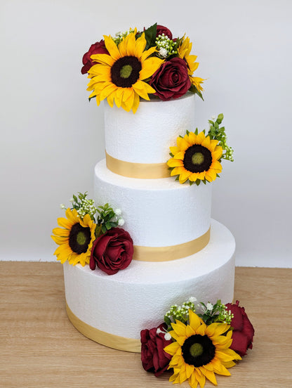 Burgundy rose and sunflower cake flowers and topper