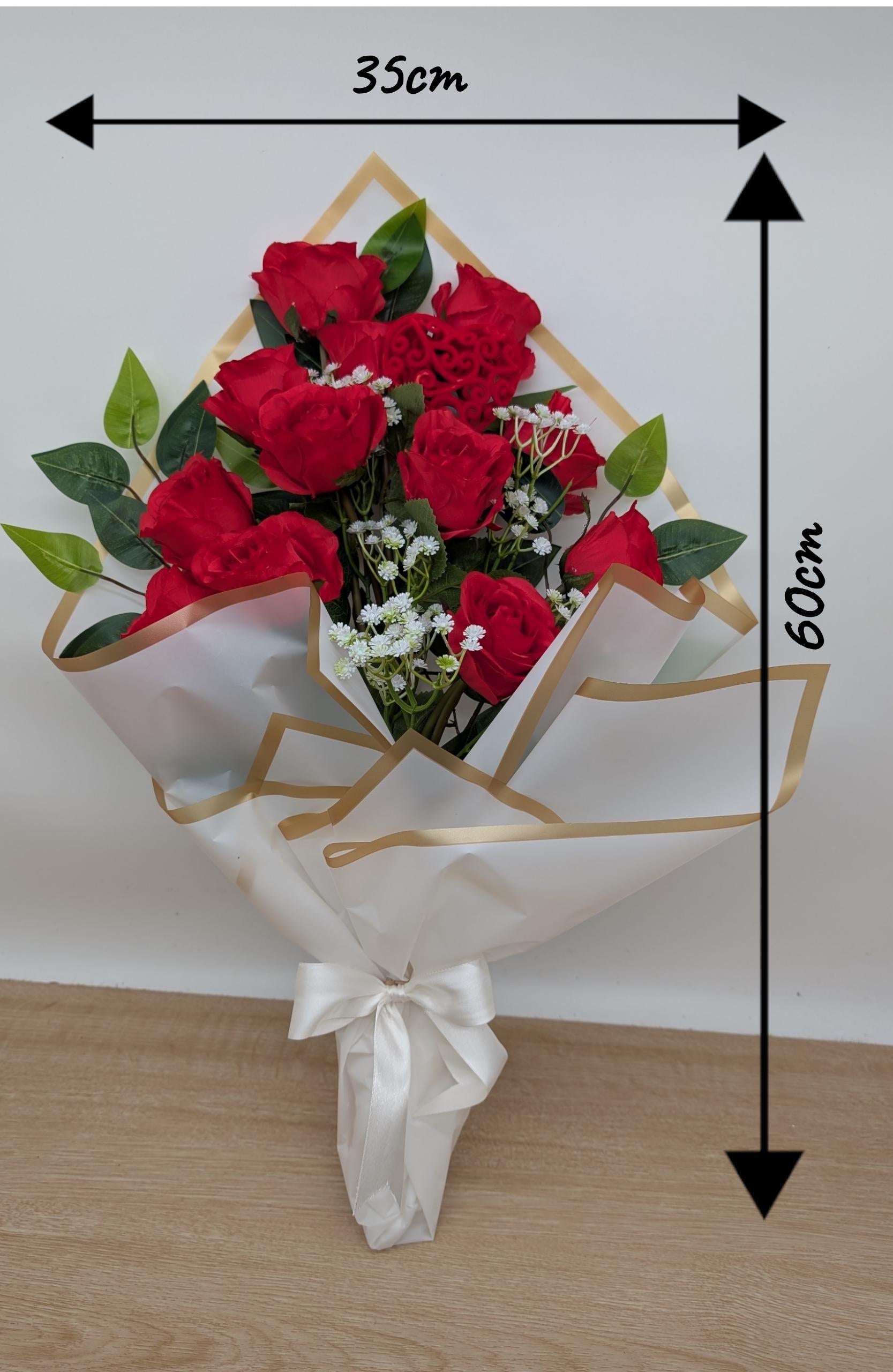 Bouquet of red roses with dimensions indicated on a plain background