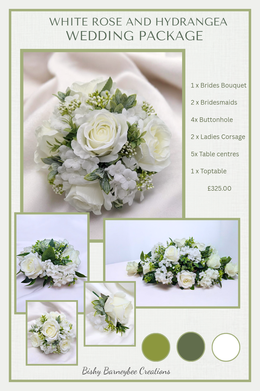 White rose and hydrangea wedding package with bouquet and corsages on a light background.