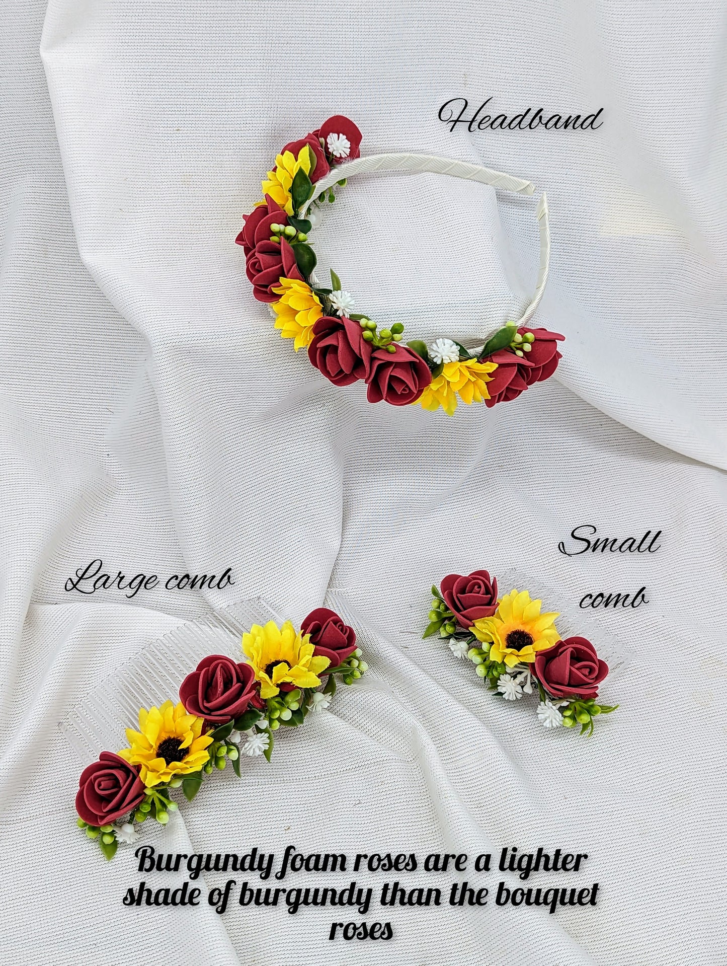 Sunflower, burgundy rose, gyp,berry and tealeaf headband,large and small comb