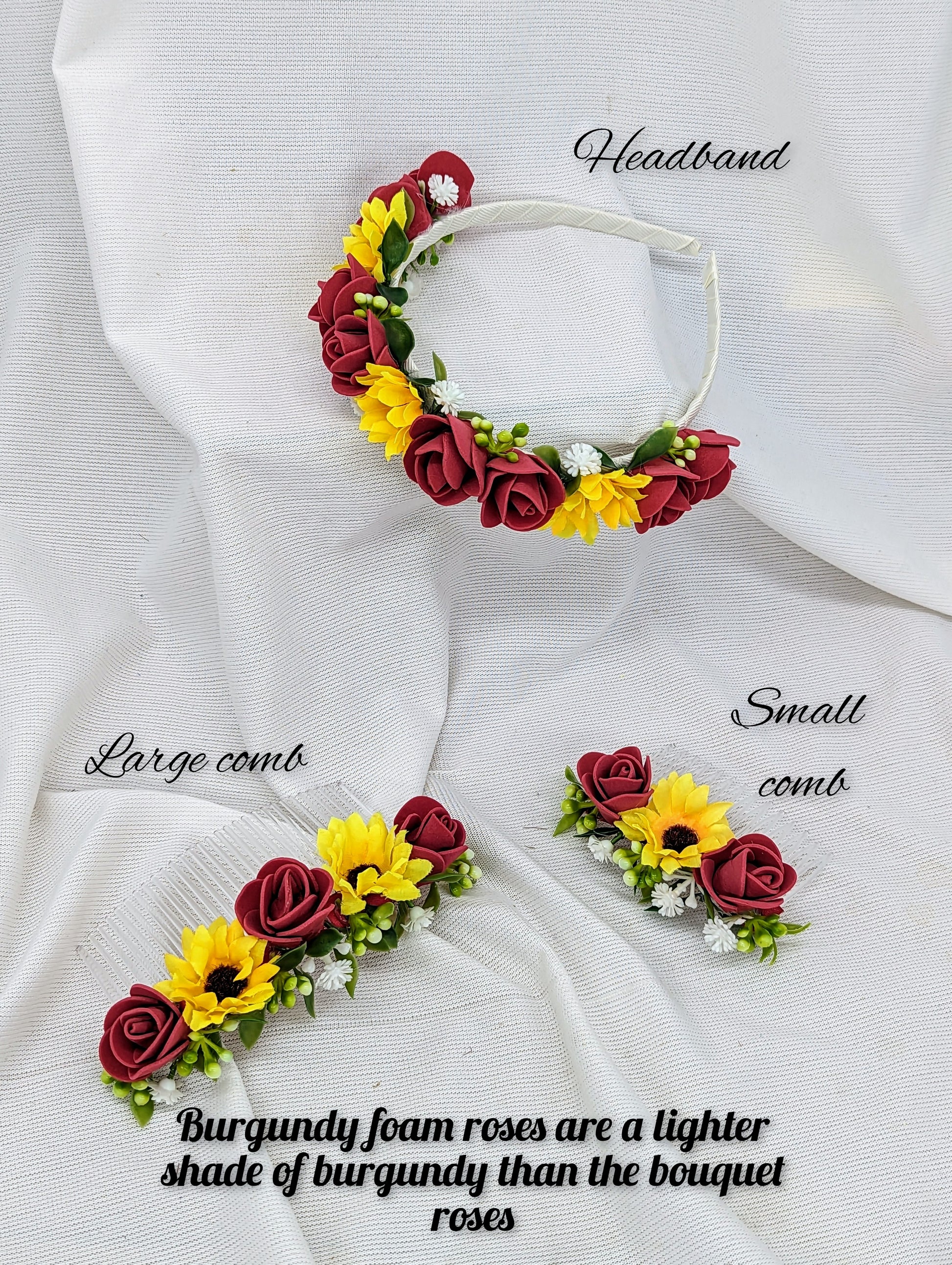 Sunflower, burgundy rose, gyp,berry and tealeaf headband,large and small comb