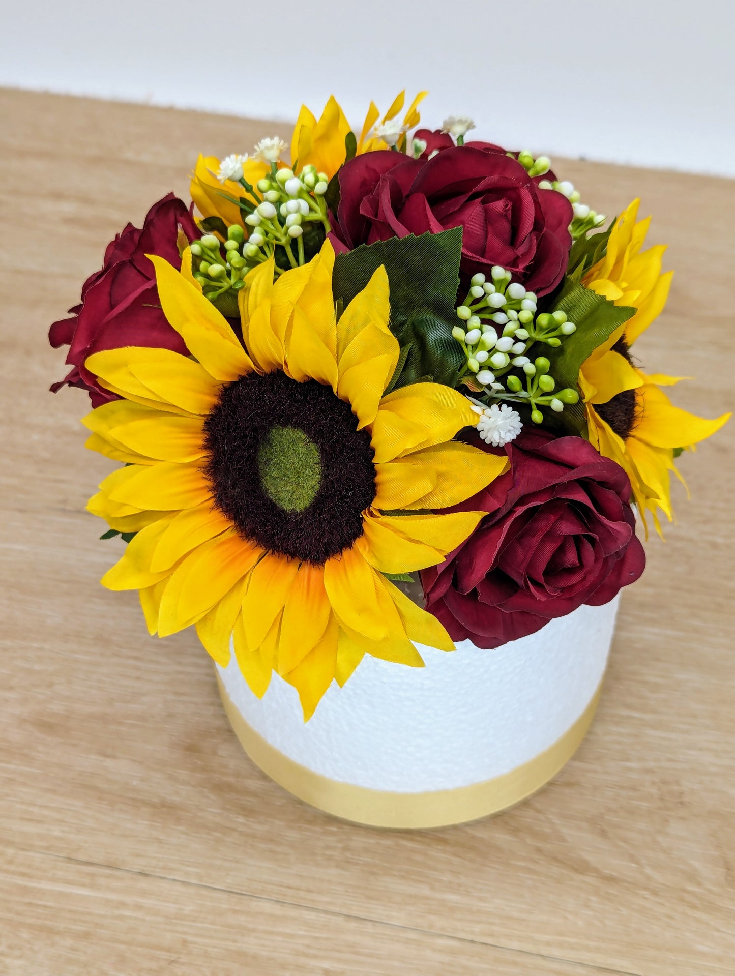 Burgundy rose and sunflower cake flowers and topper
