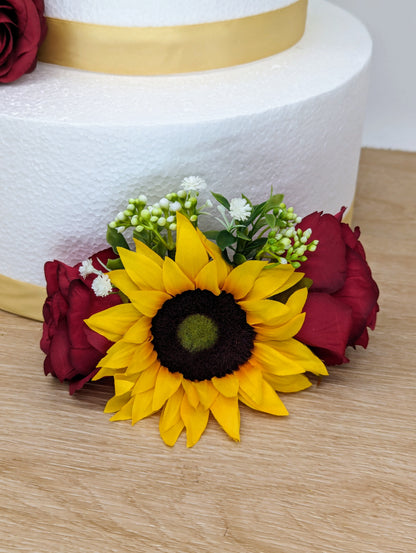 Burgundy rose and sunflower cake flowers and topper