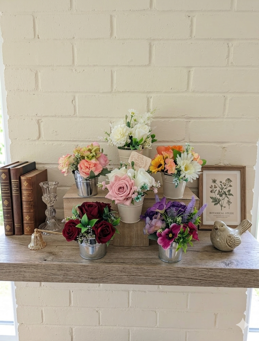 Decorative arrangement of flowers in small pots on a wooden surface with a white brick wall background.