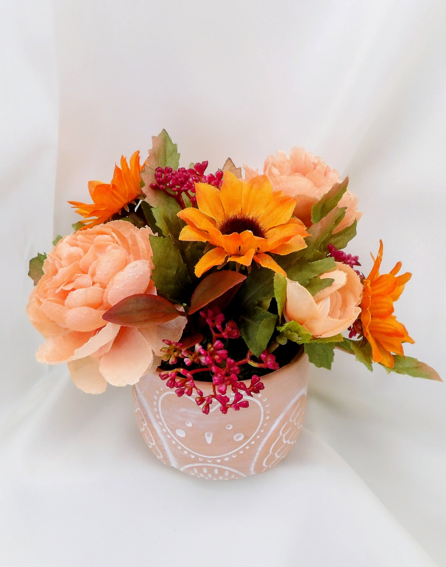Autumn Arrangements in a terracotta Owl Pot